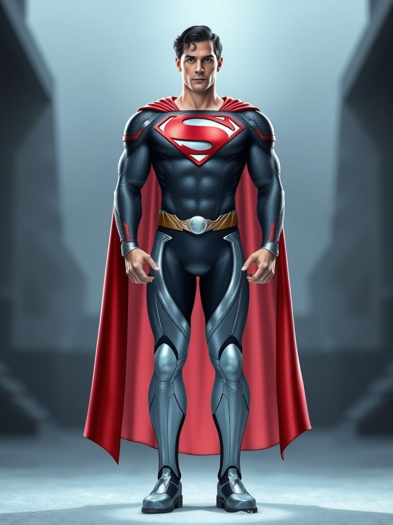 Generate a full-length image of a character with the following specifications: Superman with the body attributes of Emma Frost. Modify the body's shape to match Emma Frost's physique. Retain Superman's core costume but incorporate embellishments and elements from Emma Frost's attire. Place the character in a background that is appropriate for both Superman and Emma Frost.