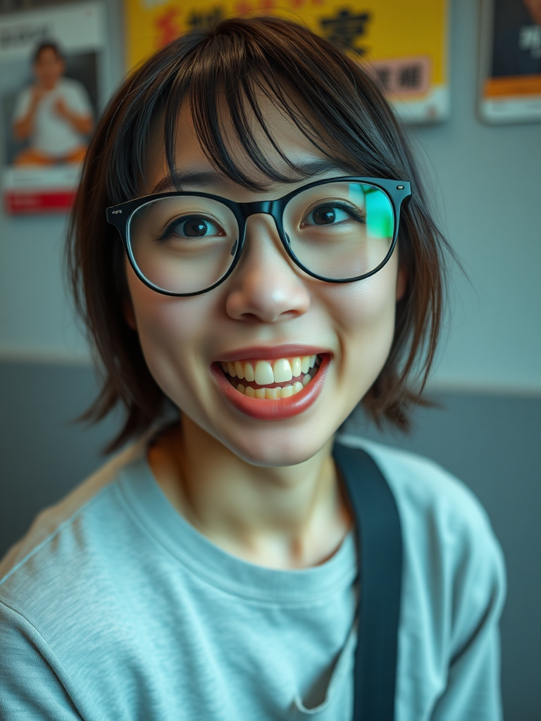 real casual photo, japanese nerdy skinny woman with big nose, big mouth, big yellowish teeth, moles, big eyeglasses and medium hair, retarded