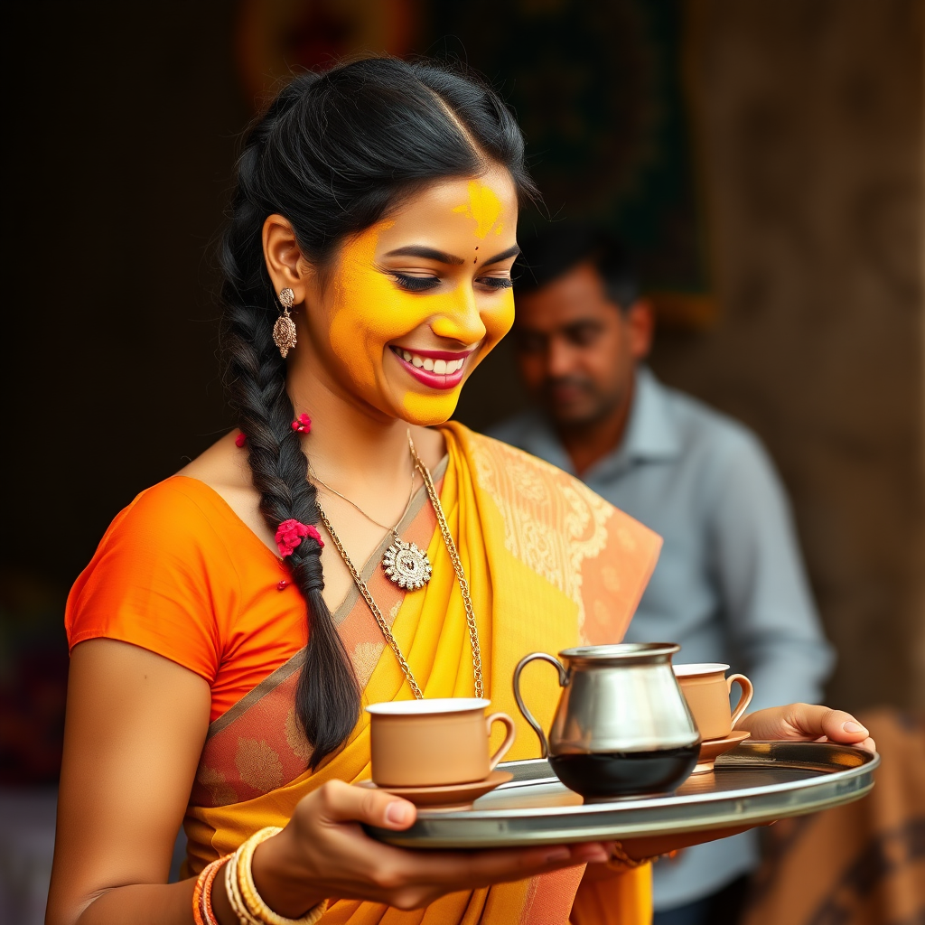 slim, 30 year old, sexy, traditional indian wife, decorated hair braid, turmeric face mask. She is smiling and serving coffee on a tray to guests.