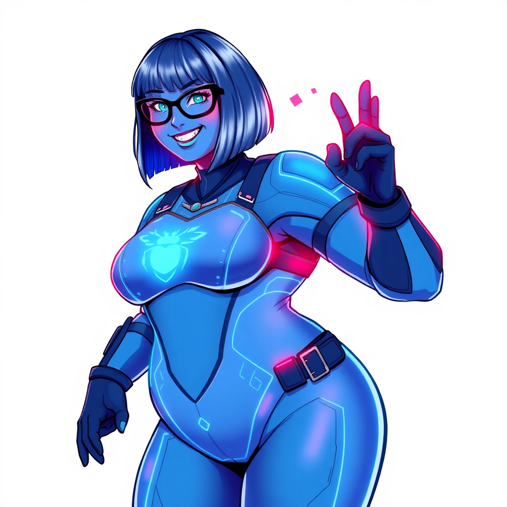 A 28-year-old full-figured, computer science major, now transformed into a full-figured, nerdy digital sidekick for her cyberpunk vigilante boyfriend, with maximum blue skin. She is clearly non-athletic, with her full figure. Her bob cut seamlessly blends with her skin, appearing to merge together as computer data, and her neon blue eyes glow intensely. Her full figure is defined by a prominently, round, gargantuan midsection, sequoia-sized limbs, and broad shoulders. As a loyal and supportive sidekick, she plays a crucial role in their missions, using her digital skills to assist and protect.

She wears a digital, computerized maximum blue bodysuit which blends with her hair and skin (appearing to merge together like computer data), all are colored maximum blue. The bodysuit has a neon blue chest icon of a beetle, along with matching high-tech gloves. She bashfully giggles with a neon red blush, emitting neon blue data cubes from her body, set against a solid white background. Heavily pampered by her doting boyfriend, her full figure (especially her prominent, round, gargantuan midsection) clearly shows this care. She has the ability to hack into computers and machines, and her nerdiness is blatantly obvious with her black oversized eyeglasses. Her full figure (especially her prominent, round, gargantuan midsection) is prominently displayed and heavily emphasized. Her outfit is influenced by DC’s Jennifer Knight Phantom Lady but remains distinct. She is drawn as if she was in a retro 2D cyberpunk fighting game. Ensure her skin color is distinct from Inside Out's Sadness and any other character. Ensure she doesn't resemble The Power of Surge's Debra or any other character. Ensure her midsection is round. Her proportions are bloated to emphasize her non-athletic, full figure. She is obviously non-athletic, with heavy emphasis on her full figure and prominent, round, gargantuan midsection.