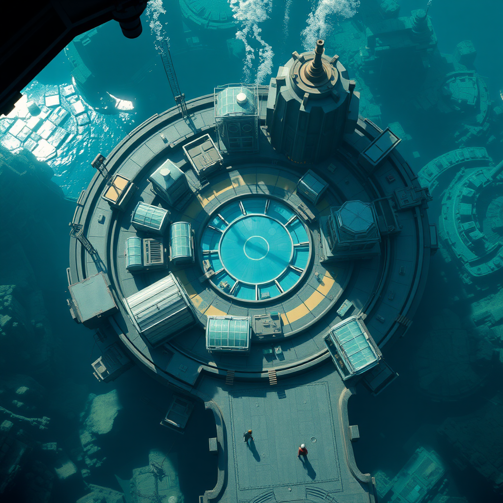 A look on an underwater base, city in a game, top view, modern 3D graphics. Inhabitants walking around, fixing the leaks, working in greenhouses, deep underwater, glass dome around, large city.