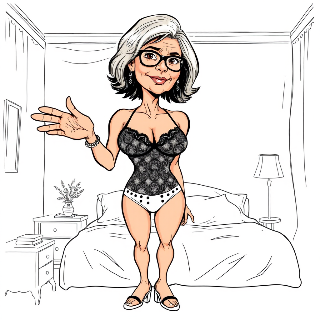 a towering 55 Years old, fit, slim, European, Latina, sharp aquiline nose, wrinkles, high cheekbones, Middle Eastern, Skinny, Tanned skin, Dark light skin, Rounded Medium breasts, Skinny thighs, full Makeup, jewelry, Serious face, Sharp nose, Ash hair, short bowl haircut, Brown eye color, Glasses, with detailed features. she is wearing embroidered black mesh balconette bras and a tight white high cut 1980s mesh cut out swimsuit, detailed fabric.  full body, high heels sandals, she is inviting gesturing at the viewer to enter her bedroom, sweating, 
long establishing shot, 2D, caricature, cartoon, Sketch lines, coloring book, coloring book style on white background, well composed, clean coloring book page, No dither, no gradient, strong outline, No fill, No solids, vector illustration, realistic proportions