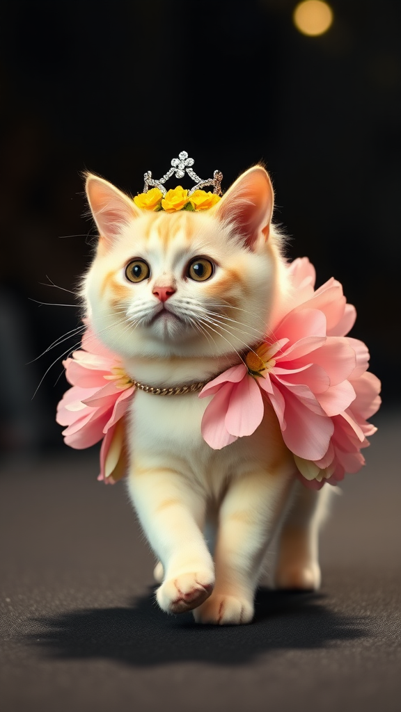 A little chubby big-eyed pink-nosed white cat walking on two paws wearing a real flower costume and a beautiful crown doing a ramp walk in a fashion show.