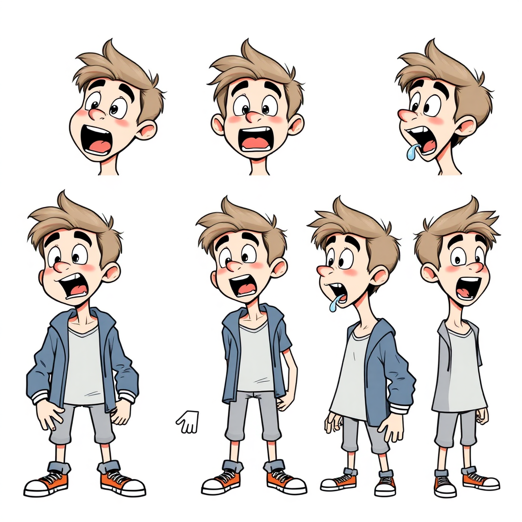 multiple views with progression, character design sheet, short, excited, amazed, open mouth, 15 year old european skinny boy, drooling, detailed features, long establishing shot, 2D, caricature, cartoon, Sketch lines, coloring book, coloring book style on white background, well composed, clean coloring book page, No dither, no gradient, strong outline, No fill, No solids, vector illustration, side view, vector illustration, empty space around each view, movement lines