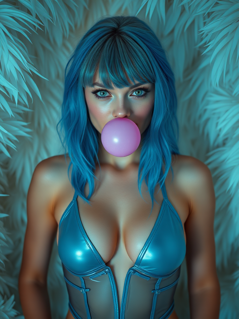 Taylor Swift mixed Victoria's Secrets, inside in a white plumes room, blue hair, green eyes neon, mouth closed with a sarcastic expression of irony pink gum ball in mouth, using gelatin swimsuit translucent metallic, front posing, full body view, Image 9:16 Resolution HD High Quality