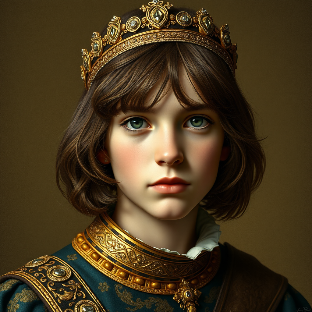 16yo teen boy prince, long bob cut, embroidered with gold and diamonds medieval cloths, diamond diadem, natural Skin Texture, and Beautiful War. Free style by 15% Adolphe William Bouguereau, Academic realism and 5% Sandro Botticelli, early Renaissance and 80% Otto Lomüller, Boy Scout photorealism. The background is in the style of landscape style by Antonio del Polaiolo, Generating the signature at the bottom: FluxBach, ultra high resolution, 16K,