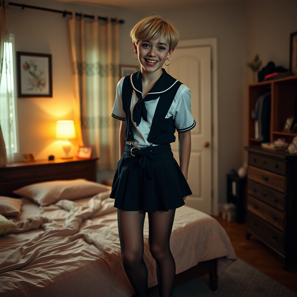 photorealistic, ultra high resolution, 16K, surreal fantasy, soft studio lighting, a pretty 16 year old goth male, slim male physique, short blonde hair, goth makeup, earrings, sheer pantyhose, UK girls-school uniform, Mary-Jane shoes, in the bedroom - , excited smile, facing the camera.