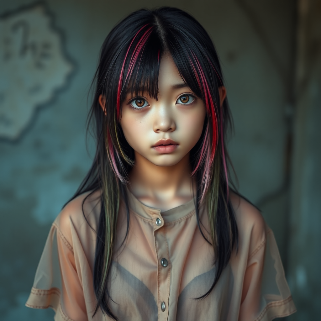 A beautiful homeless mysterious surreal Asian young girl in a very old, transparent T-shirt, with black and rainbow-colored hair and red eyes, she is looking sad without hope in her eyes, crying one teardrop, heartbreaking.