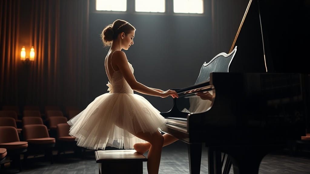 In the dim-lit auditorium of a historic ballet company theater, the air is thick with a sense of nostalgia, the kind that whispers stories of artistry and talent. A ballerina, poised elegantly on a weathered wooden stool, plays a grand piano with a mastery that transforms each note into a haunting melody. Clad in a delicate, ivory vintage tutu adorned with intricate lace and shimmering sequins that catch the soft light, her hands glide over the polished ebony keys, creating a symphony that echoes through the room.

The stage is bathed in a magical, ethereal glow, casting warm, golden highlights that accentuate the ornate details of her costume and the glossy sheen of the piano’s surface. Shadows dance gracefully along the walls, mingling with the muted colors of the velvet curtains that frame the stage. The scent of aged wood mingles with a faint hint of blooming jasmine wafting in from an open window, enhancing the dreamlike quality of the moment.

As she plays, a hushed silence envelops the audience, each note evoking memories and emotions that hang in the air like an invisible tapestry. The ballerina’s expression is serene yet deeply introspective, revealing a connection to the music that transcends the physical realm. Her fingers move with a fluid grace, reminiscent of the graceful pirouettes she performs when dancing, as if her entire being is infused with the rhythm of the piece.

In this intimate setting, the atmosphere pulses with a bittersweet beauty, where the past and present intertwine, inviting all who are present to lose themselves in the enchanting world of dance and melody that unfolds before them.