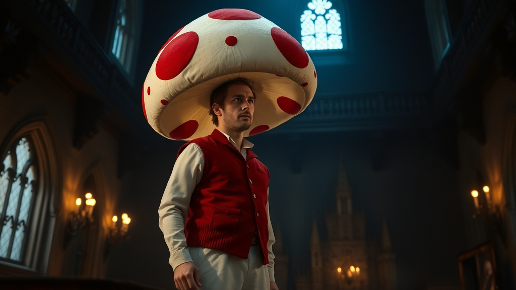 Interior. Dimly lit castle. Peter Dinklage with white pants, red vest, and large mushroom cap shaped hat that is white with large red spots.