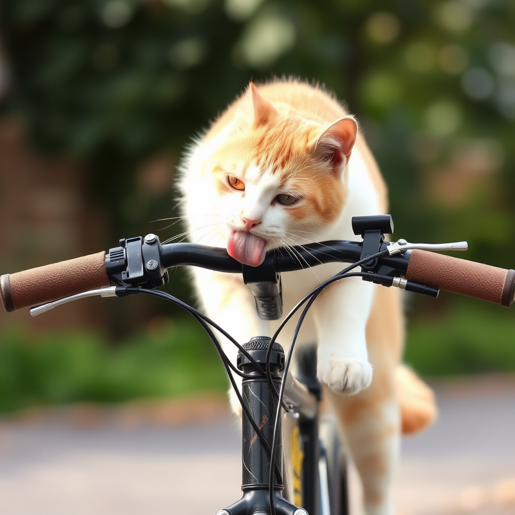 cat licking bicycle