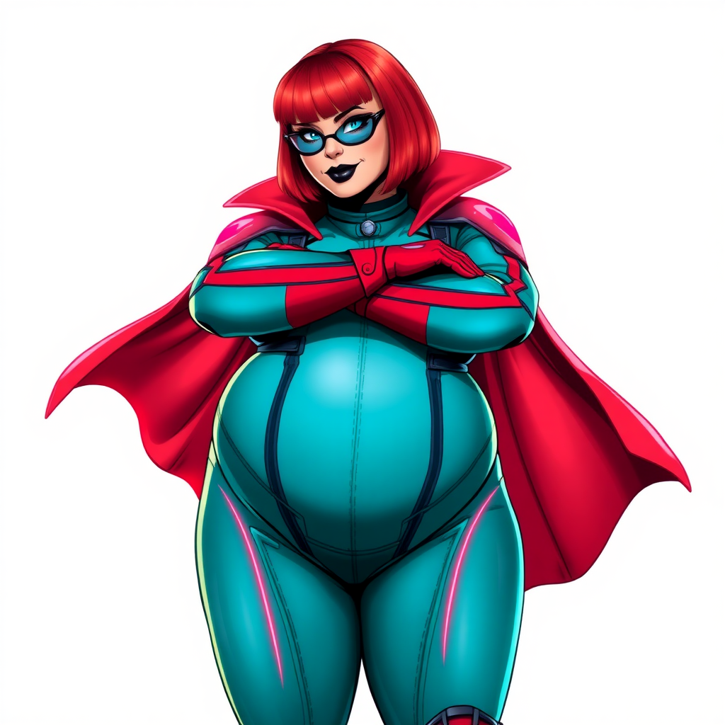 A 26-year-old, heavily pampered, full-figured, mystical vigilante detective ally of her cyberpunk vigilante older brother figure with a bright red bob cut, black lipstick, and piercing bright blue eyes. She has a new non-athletic build, now highlighted by a prominent, round, gargantuan midsection (with the full emphasis on her gargantuan belly), which shows the aftermath of her pampering. Despite her new physique, she displays her usual confidence. She wears a large, high-tech, tight-fitting, maximum turquoise biker suit (accentuating her gargantuan belly), complemented by a glowing neon red cape and high-tech red gloves. Her stance is firm and resolute, arms crossed, exuding a no-nonsense attitude. Her costume reflects the influence of DC New 52 Prime Earth’s Phantom Lady, Jennifer Knight, while her pose embodies the moral ambiguity and determination reminiscent of DC’s Pax Americana’s The Question. She is on a solid white background. She is drawn as if she was in a retro 2D cyberpunk fighting game. She is clearly non-athletic, with a focus on her full-figured physique. Her belly is bloated to emphasize her non-athletic figure. Make sure that her biker suit covers all of her bare skin (especially her gargantuan midsection).