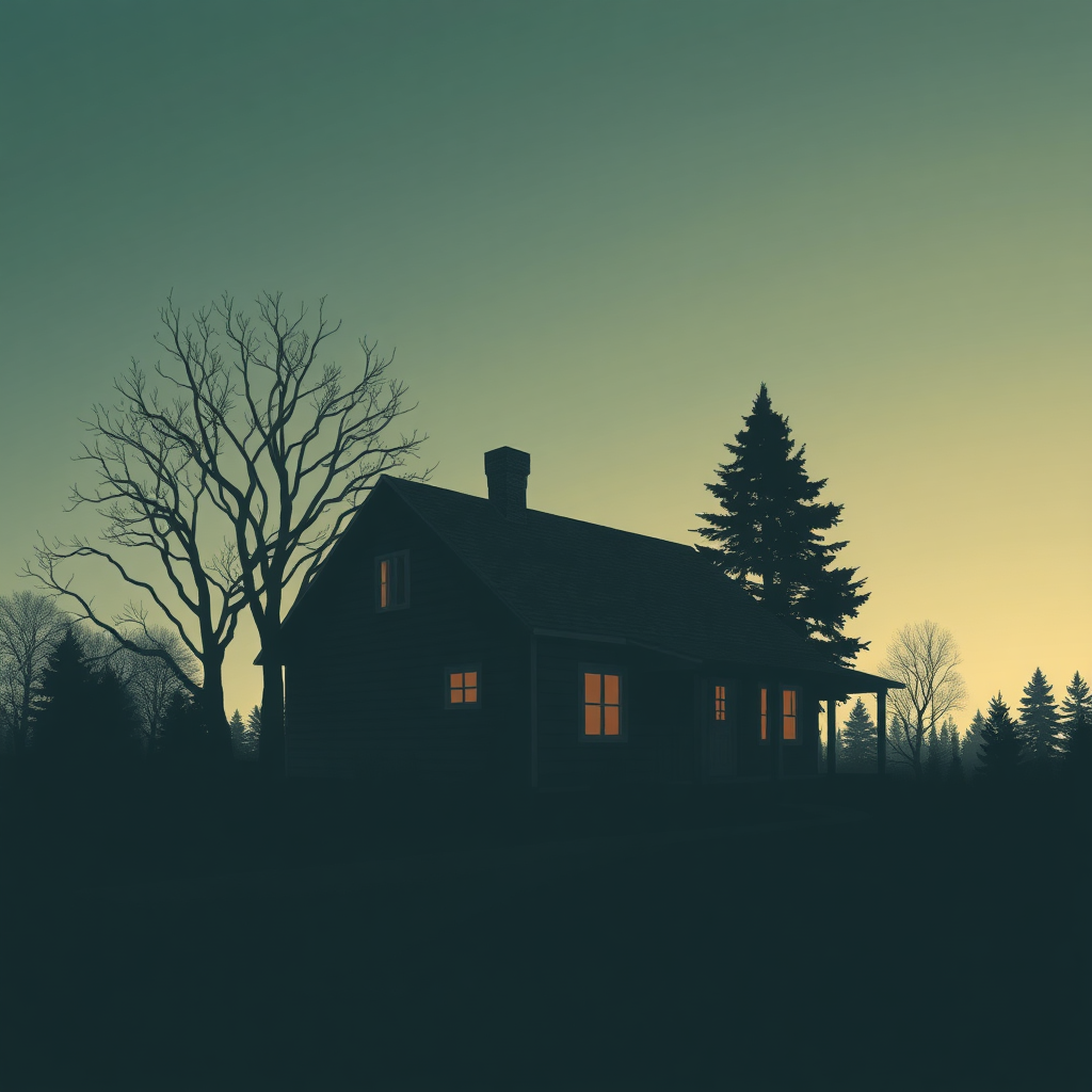 a nostalgic grainy digital illustration of a lonely house, grey washed out colors, bad lighting, dusk, trees,