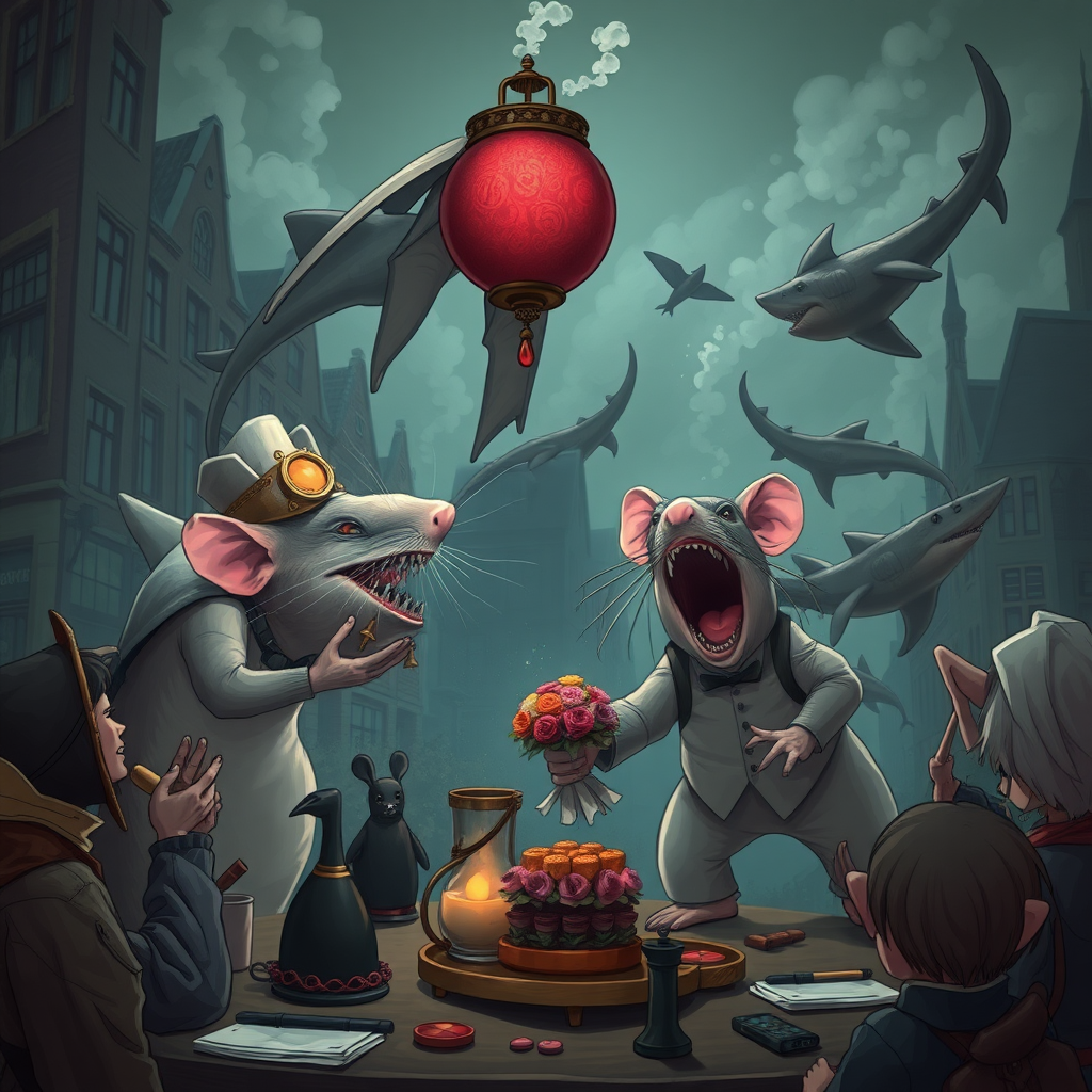 A rat wedding being attacked by hammerhead sharks, no text, Lovecraftian, in Amsterdam, steam punk, 2010s harem anime