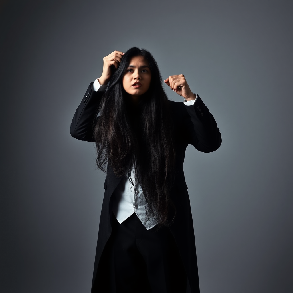 In a well lit room with stark minimalist decor, a magician stands confidently before the camera, his sharp silhouette contrasting against the plain gray background. The atmosphere is thick with a blend of intrigue and eeriness as he holds aloft the severed head of his long-haired female assistant. Her flowing locks cascade around his fingers, glistening dark and vibrant as they catch the light. The magician, with an enigmatic smile, leans forward, pressing his lips to her cold mouth in a disturbing display of affection.

The scene is quiet, except for the soft rustle of fabric as the magician’s cape drapes dramatically around him. A faint chill seems to fill the air, heightening the surreal and macabre nature of the tableau. The head’s lifeless eyes, framed by long lashes, still reflect a glimmer of magic and mystery, inviting the viewer to question the boundary between illusion and reality. The minimalist decor emphasizes the unsettling focal point of the performance, leaving the audience trapped in a moment that is both captivating and chilling.