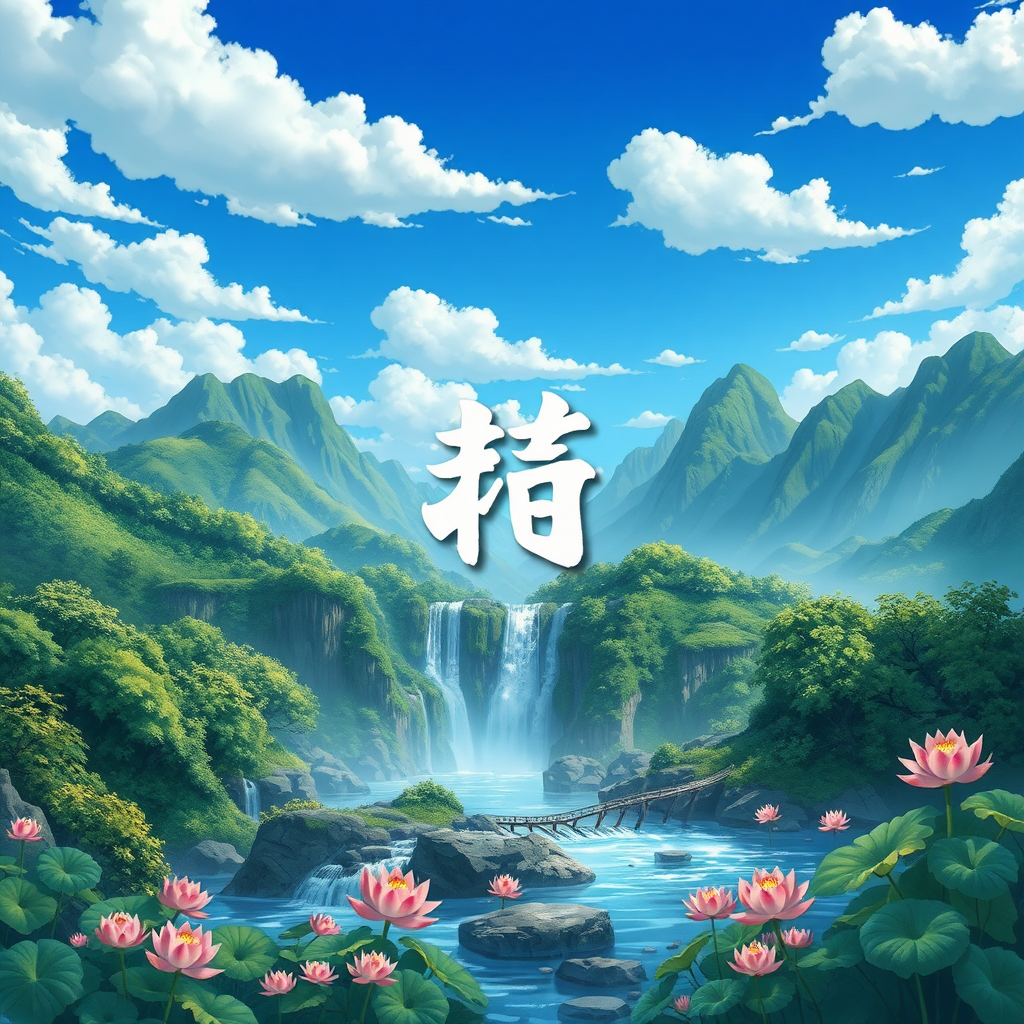 Masterpiece, highest resolution, highest quality, HD HD, high mountains, green forests, waterfalls, flowing water, small bridge, lotus flowers, lotus leaves, blue sky and white clouds, cartoon landscape style, incorporating the words "祝策" in a graffiti shadow texture into the picture.