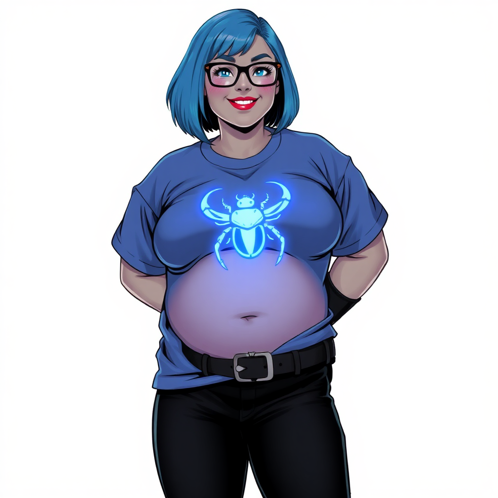 A 28-year-old, full-figured, metallic middle gray skinned computer program hybrid with a maximum blue bob cut. She has a non-athletic build, highlighted by a prominent, round, large midsection (with a full emphasis on her belly). As a digital sidekick, computer hacker, and nerdy girlfriend to her cyberpunk vigilante boyfriend, her middle gray metallic skin and maximum blue lipstick emphasize her digital nature. She wears a costume consist of an oversized, tight-fitting, maximum blue t-shirt (accentuating her large belly) with a neon blue glowing chest icon of a beetle, black pants, a black belt with a sapphire scarab buckle, and black gloves. Her bright blue eyes, black eyeglasses, and lovestruck smile with neon red blush accentuate her nerdiness. She stands bashfully with her hands behind her back, her costume covering all her skin and emphasizing her full-figured, non-athletic physique. She is on a solid white background. She is drawn as if she was in a retro 2D cyberpunk fighting game. She is clearly non-athletic, with emphasis on her full-figured and pudgy physique. Ensure her t-shirt covers her midsection (especially her large belly).