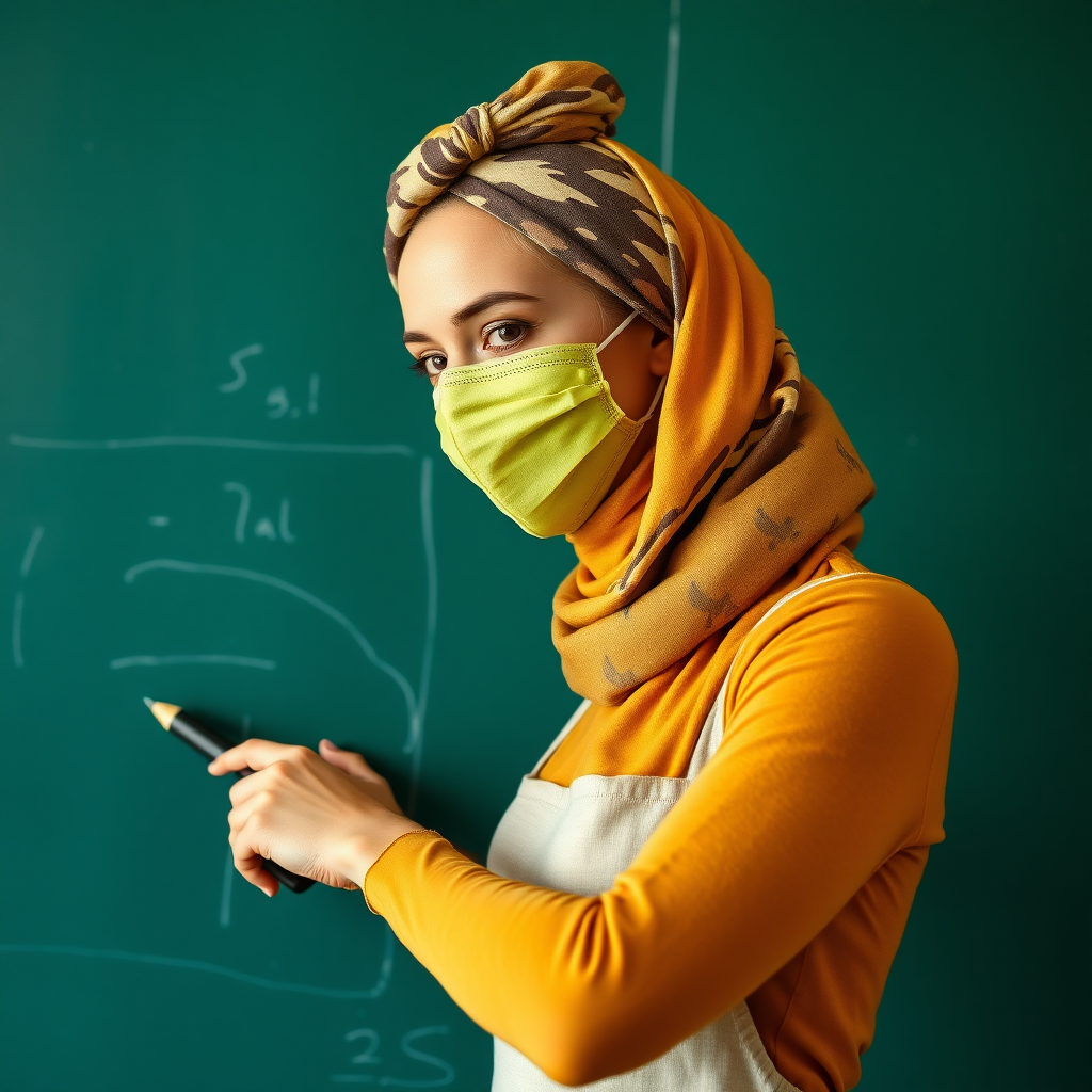 slim, 30 year old, sexy, french female school teacher, scarf head knot, turmeric face mask. She is smiling and teaching on a blackboard