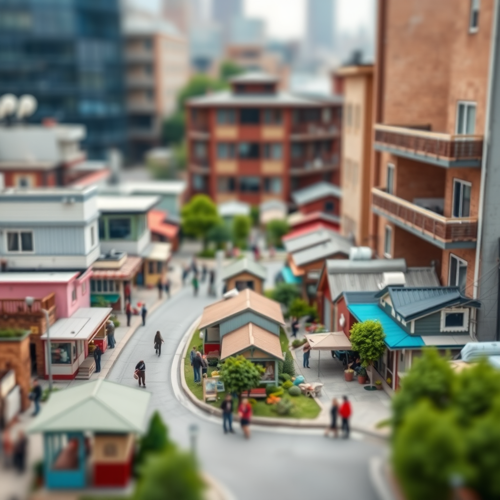 Small community in the city, tilt-shift miniature photography, high-definition 4K, large scene, wide-angle.