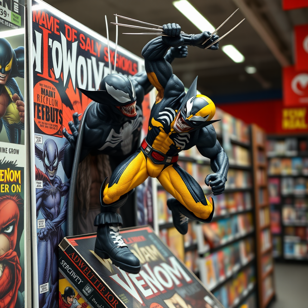 Jumping out of a Comic book cover on a store shelf is Wolverine and Venom. Wolverine has his claws impaled into Venom holding him in the air over his head in Cinematic Real3D photo-realistic quality.