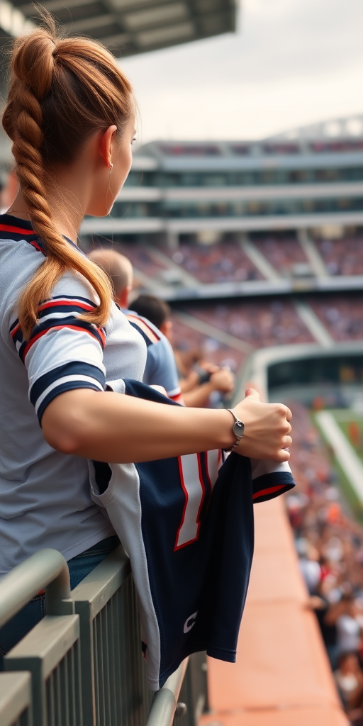 Attractive female NFL fan, pigtail hair, leaning forward over first row stadium barrier, handing a spare jersey, player autographs it