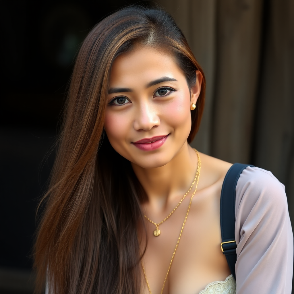 A absolutely real 50 Year young Thai Women with Chestnut colored long straight Hair and a fine Gold chain.