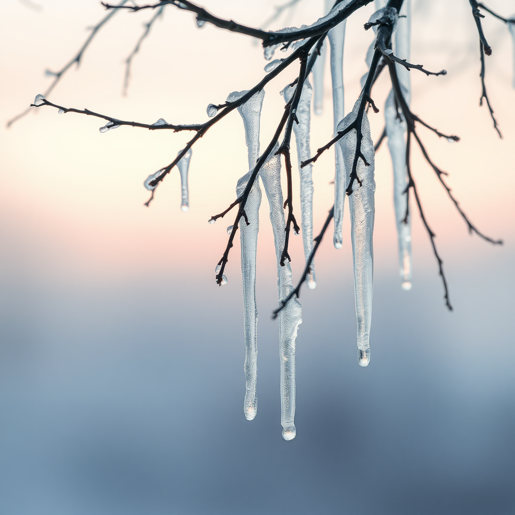 You can see delicate and shimmering icicles hanging from slender, emaciated branches up close. This scene captures a tranquil winter atmosphere with a soft, muted background transitioning from pale pink to cool gray, evoking a sense of serenity. The ice formations are depicted with a surreal detail, emphasizing their crystal-like clarity and intricate shapes. The branches are dark and textured, contrasting with the translucent ice. Soft light reflects off the icicles growing along the tree, creating a fascinating interplay of light and shadow. The overall aesthetic combines elements of calmness and chill, guiding the viewer into a peaceful winter moment.