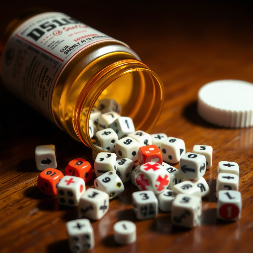 A pill bottle spilling D&D dice across a table, looks like a drug warning