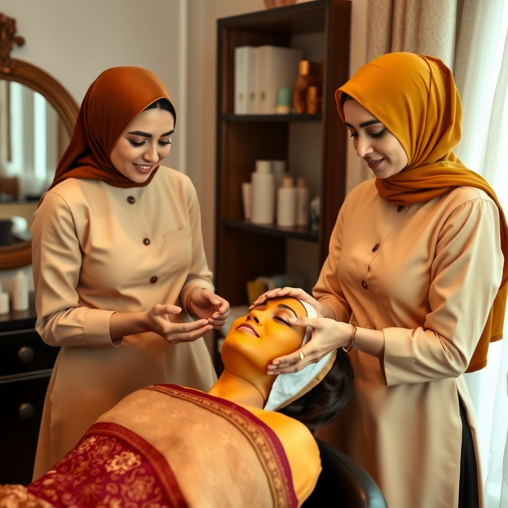 2 French maids with hijab, working in a beauty parlor, giving turmeric facial to a wealthy Indian wife