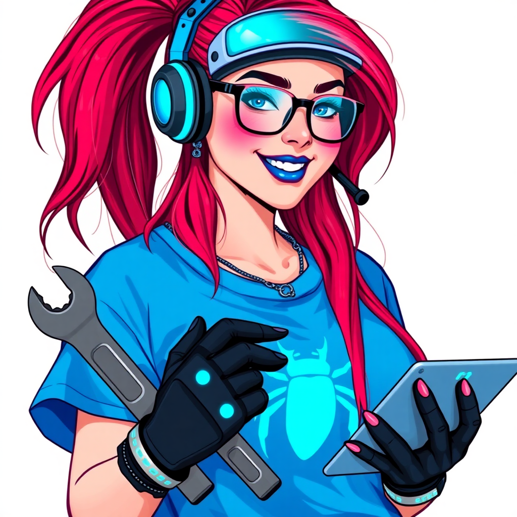 An intelligent and tech-savvy 29-year-old computer hacker and tech genius. She has a long ruby red ponytail. She wears maximum blue lipstick, blue eyes, a sapphire beetle gemstone necklace, sapphire earrings, black eyeglasses, hi-tech power gloves, and an oversized maximum blue t-shirt featuring a neon blue glowing beetle chest icon. She has a gargantuan full-figured physique with a prominent round gargantuan midsection, reflecting her well-cared-for lifestyle. She sports a sapphire headset with a hi-tech maximum turquoise lensed HUD, and a beaming smile accentuated by a passionate neon red blush. She serves as his tech expert from his hideout, holding a futuristic tool wrench and a futuristic digital tablet. The background is solid white. She is drawn as if she was in a retro 2D cyberpunk fighting game.