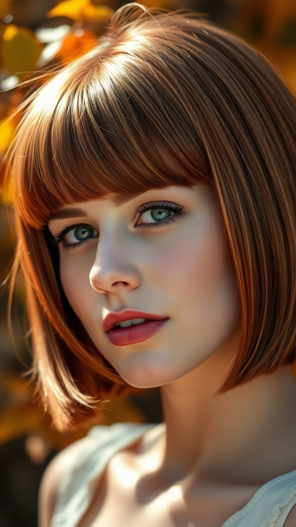 Beautiful model in close-up, square bob hairstyle, with autumn foliage, in high definition.