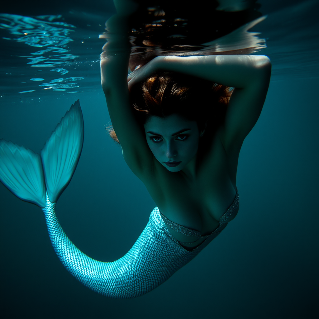 Mermaid floating underwater dark deep waters and dramatic lighting, crystal clear water her arms are up over her head stunning hd DSLR photography, she's facing the viewer looking down deeper into the water. intense and mysterious eye contact. Her tail trails elegantly behind her and delicate shimmering fish scaling trails up the sides of her torso. Her physique is long and lean from living underwater.