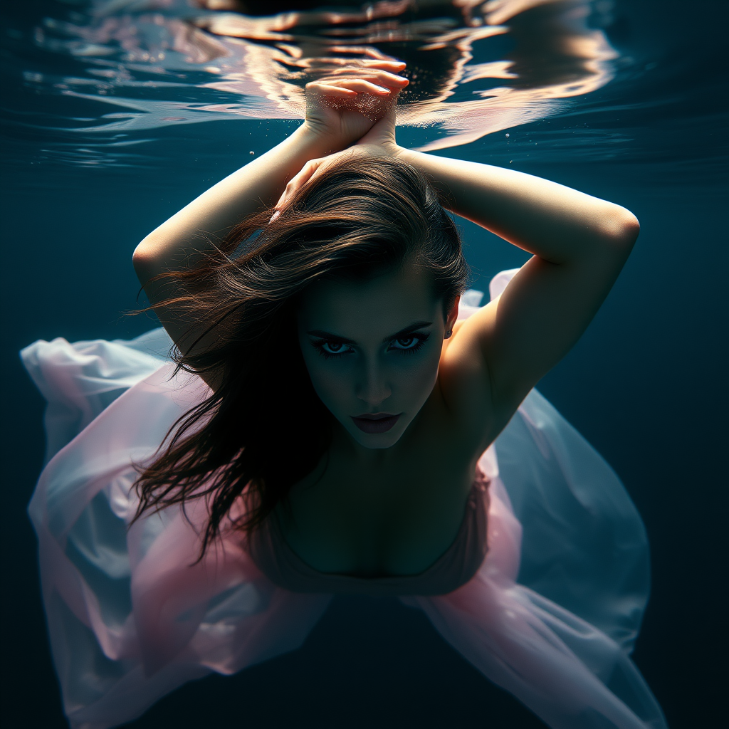 Supermodel floating underwater in diaphanous flowing gown, dark deep waters and dramatic lighting, crystal clear water her arms are up over her head stunning hd DSLR photography, she's facing the viewer looking down deeper into the water. intense and mysterious eye contact.