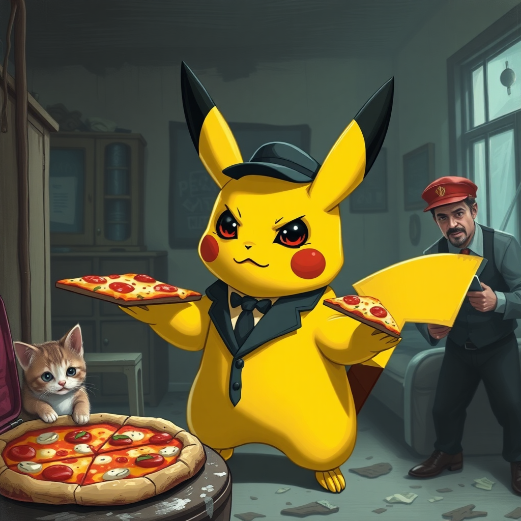 A well dressed handsome Pikachu demon delivering pizza to angry used car salesmen kittens in a decayed apartment