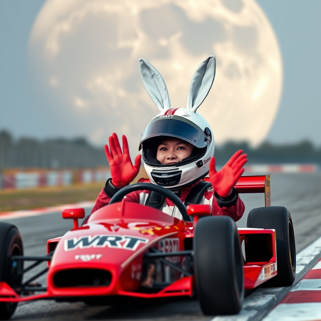 On the racetrack, there is a red race car with "WRT" written on it. A Chinese female racer, wearing a full-face helmet designed for racing, has the visor raised. She is happily waving her hands, and her helmet has vertical white rabbit ears. In the background is a giant moon, where impact craters are visible.