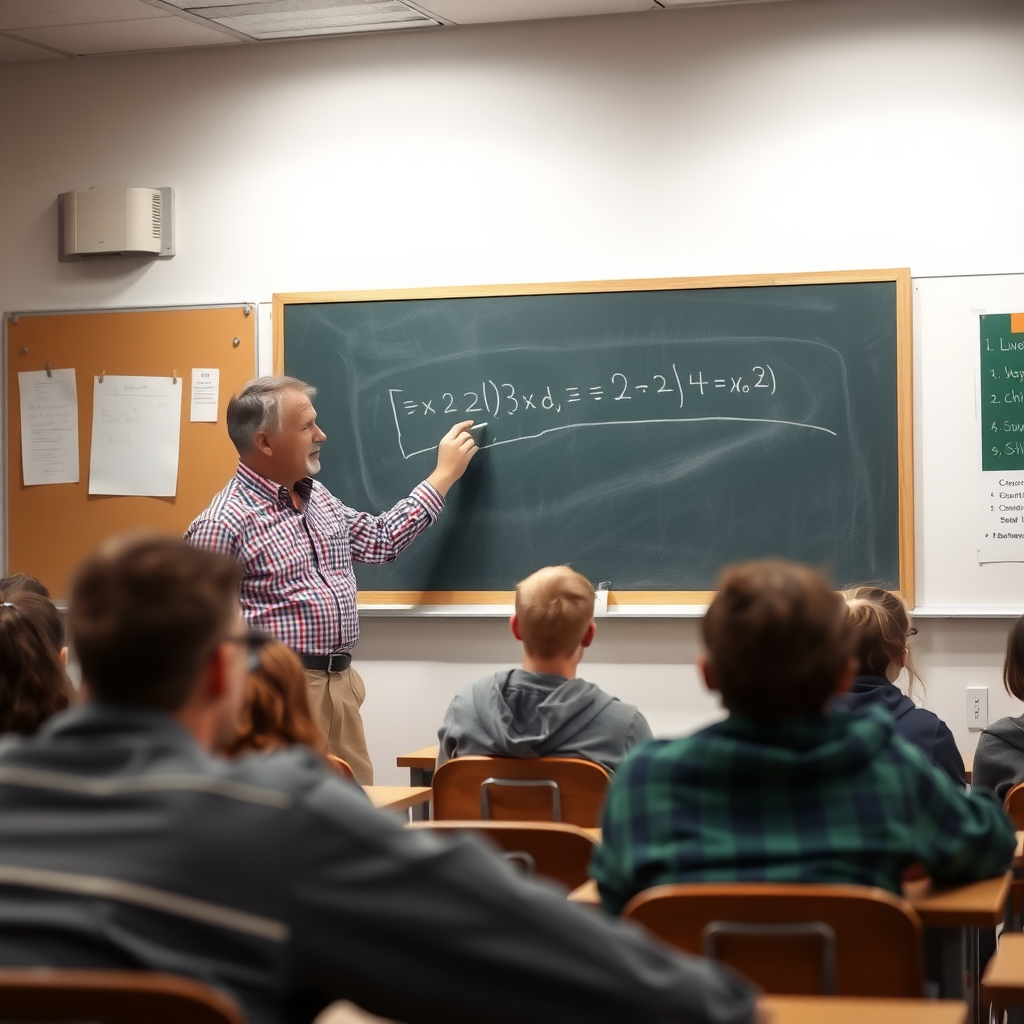 A middle aged male teacher in front of a class teaching trigonometry. He is writing an equation on the chalk board. In the class are a bunch of high school kids who seem very interested.