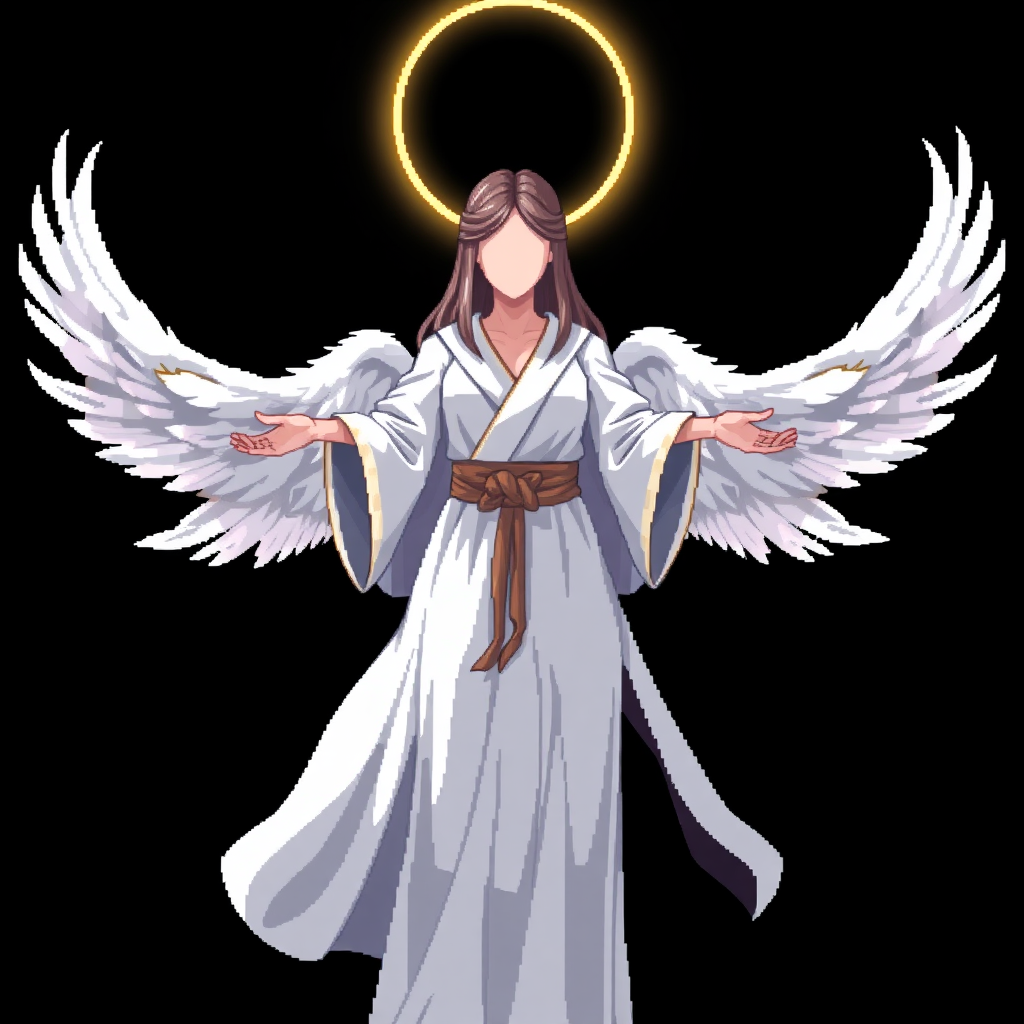 (Anime Style Pixel Art) Black background, a powerful godly faceless goddess woman, 4 angel wings on back, white robes, holding hands out.