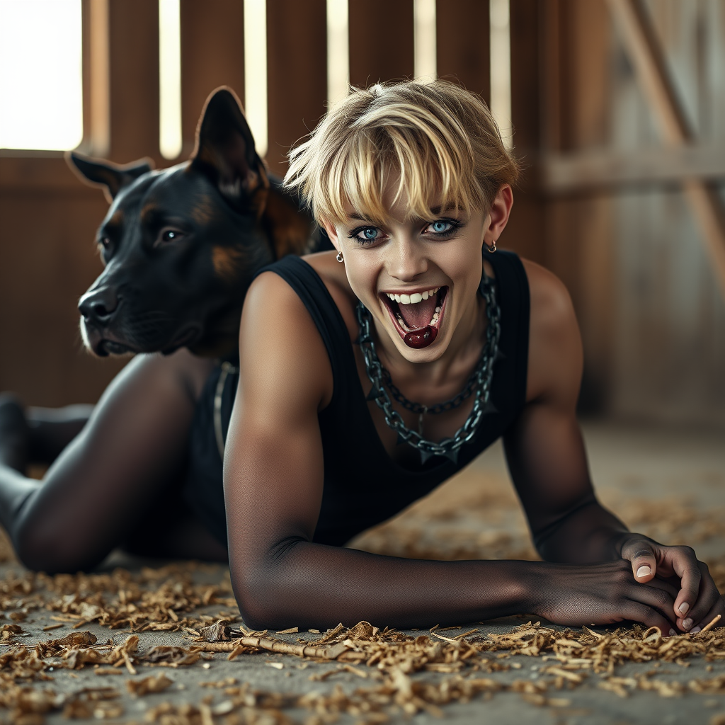 photorealistic, ultra high resolution, 16K, surreal fantasy, soft studio lighting, Caleb Swift is a pretty 16 year old goth male, slim male physique, blonde hair, blue eyes, goth makeup, earrings, glittering black pantyhose, spikey neck collar with chain, crawling on the floor of the barn straddling while a large dog rests its front legs on Caleb's back, during daytime, excited open mouth smile, small black ball-gag, drooling a stream of saliva from his mouth, bulging crotch, full body in wide view from side with Tyler facing the camera.