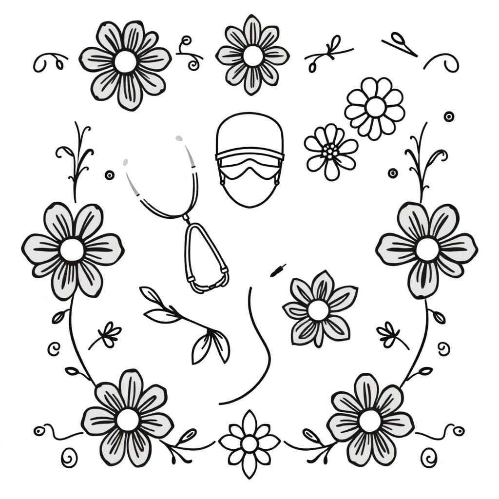 a black on white, line design depicting surgical and floral iconography