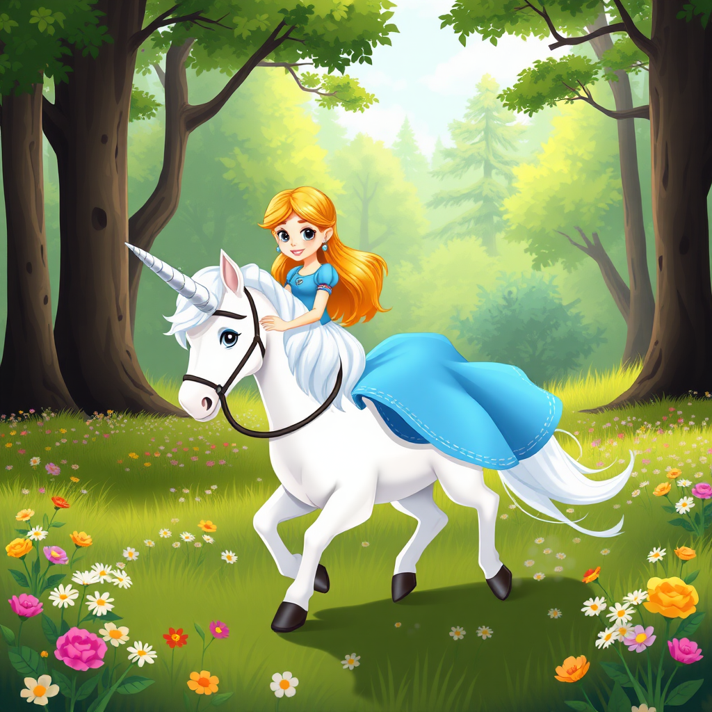 A cartoon princess in a blue dress riding a unicorn with a silver horn without bridle through a field of flowers in a forest clearing.