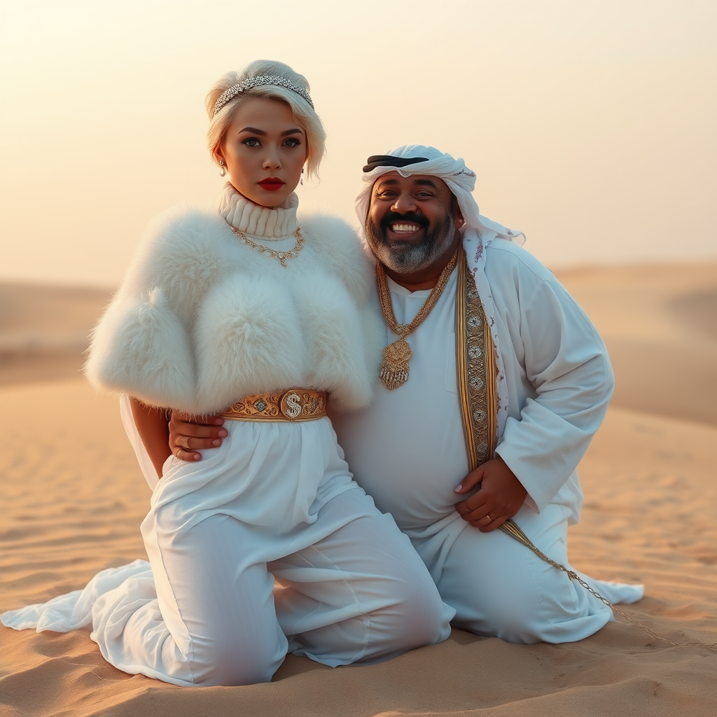 Kuwait desert dunes misty dawn: Melissa, European 17 years old very convincing femboy “trophy-bimbo”, tamed servile docile, very beautiful feminine flawless face, rather short boyish figure, platinum blond short tight curls, bold red lips, heavily made-up face, wearing Supertanya-style fluffy very fuzzy bright white angora turtleneck-poncho cropped ending under bust decorated with pearls and gemstones, striking oriental wide gold bridal protection belt, white fully transparent harem pants, full Oriental bridal jewelry with striking headpiece, full Oriental face-jewelry, striking diamond “$$$” letter brooch on left chest, pout frustrated, hands tied behind back, kneeling in sand with older overweight mighty sheik laughing, devotedly embracing Melissa..