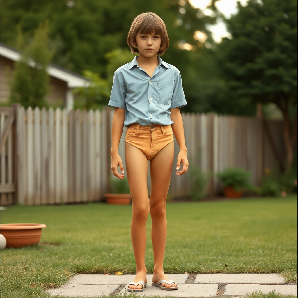 tall 14yo teen boy, long hair bob cut, wearing shirt and very tight booty shorts, long legs, narrow thighs, full-length front view. 1970s. Playing at backyard. photorealistic, ultra high resolution, 16K, Negative: grainy, blurry, bad anatomy, extra limbs, watermark.