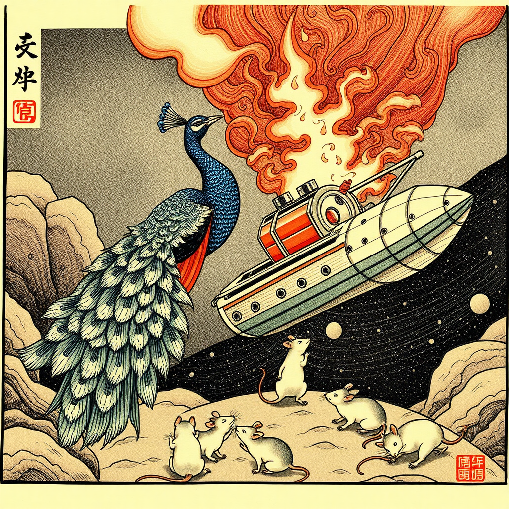 A peacock saving rats from a burning spaceship, Chinese woodcut,