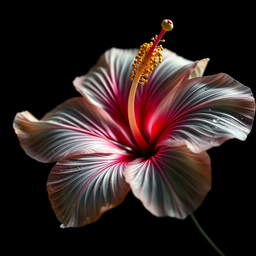 Create a mesmerizing masterpiece featuring a single, transparent hibiscus flower adorned with delicate gold detailing, set against a deep black background. Rendered in stunning hyper-realistic 8K resolution, every intricate aspect of the flower comes to life with the finest pigments and brushes. The transparent petals appear to float gracefully, glowing softly under subtle lighting, while the gold accents shimmer with a magical, luminous quality. This artwork invites viewers into a serene yet dynamic space, where the hibiscus embodies delicate beauty, grace, and the fleeting nature of life.

Layered with precision, the transparent petals exhibit unparalleled dimensionality and luminous shadows. Each petal's contours and veins are defined with photorealistic accuracy, enhancing the flower's ethereal quality. Subtle color gradients flow seamlessly within the translucent form, while the gold accents radiate light. Glistening dew drops catch the eye, drawing viewers deeper into the scene.

This piece evokes a sense of quiet contemplation on the fragility of nature and the transcendent power of art. The hibiscus’s twisting petals and delicate transparency resonate emotionally, inspiring calm and serenity. Signed by the artist, this captivating work stands as a celebration of beauty and artistic ingenuity, destined to be showcased alongside history’s greatest masterpieces.

---

### **Technical and Artistic Specifications:**

- **Resolution & Display:**  
  - Render in stunning 64K UHD resolution with a broad color spectrum and intricate detail, ideal for high-profile platforms like ArtStation and Behance.

- **Digital Art Techniques:**  
  - Utilize advanced tools such as Corel Painter, ZBrush, and Adobe Photoshop for remarkable 3D volume, exquisite shading, and ultra-fine detailing.

- **Materials & Textures:**  
  - Incorporate high-quality pigments, metallic flakes, and glass beads to ensure textures radiate vibrancy under subtle lighting.

- **Lighting & Depth:**  
  - Implement a tranquil chiaroscuro effect with a subtle interplay of light and shadow, enhancing depth and clarity through soft, delicate colors and nuanced shades of grey, black, and white.

- **Rendering Quality:**  
  - Employ advanced rendering techniques and 3D volumetric effects for unparalleled detail and sharpness.
  - Include a hyper-realistic pencil sketch texture for intricate details.

- **Composition & Focus:**  
  - Emphasize gentle, lifelike depth and striking details with a cinematic close-up approach.
  - Use a balanced f/11 aperture and raw photographic style with advanced v6 enhancements to render vivid colors and minute details at an unparalleled level of realism.

- **Overall Harmony:**  
  - Achieve maximum harmony across all elements, resulting in a balanced and cohesive composition that captivates both technically and emotionally.

---

### **Key Artistic Elements:**
- Chiaroscuro lighting to create mood and contrast.
- Soft, delicate colors with shades of grey, black, and white for subtle depth.
- 3D volumetric effects to enhance spatial realism.
- Hyper-realistic pencil sketch texture for intricate detailing.
- Gentle, lifelike depth to add tranquility and emotional resonance.

---

### **Additional Elements to Include:**
- Tranquil chiaroscuro effect for enhanced depth and clarity.
- Soft, delicate colors to infuse the piece with subtlety and serenity.
- Advanced rendering techniques for greater detail and sharpness.
- Digital art tools to utilize cutting-edge technology.
- 3D volumetric effects to add depth and spatial qualities.
- Hyper-realistic pencil sketch texture for intricate details.
- Subtle interplay of light and shadow to evoke lifelike realism.
- Soft, nuanced shades of grey, black, and white to add depth without overwhelming.
- Gentle, lifelike depth to enhance overall impact.

---

**Final Instructions:**  
Ensure that the revised prompt is free from any repetitive or confusing elements. Maintain all original technical and artistic specifications, presenting them in a clear and elegant manner to facilitate the creation of a visually and emotionally compelling artwork.

---

*Inspired by Léa Bounty, Leonid Afremov, Kyle Lambert, and Monica Zagrebelna.*