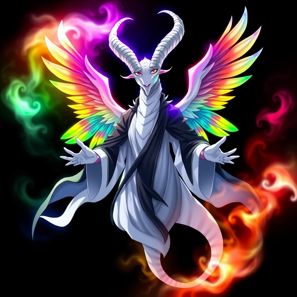 In an anime-styled artwork set against a deep black background, a towering humanoid figure reminiscent of a tall, white reptilian goat god commands attention. Its striking rainbow-colored eyes shimmer with an ethereal light, framed by two majestic white goat horns that curve elegantly from its head. Draped in flowing black and white robes that ripple like smoke, the figure exudes an air of mystique and power. Surrounding its form is a chaotic, radiant aura that shifts through the colors of the rainbow, creating a mesmerizing spectacle.

Three magnificent angelic wings, each a vibrant blend of rainbow hues, unfurl gracefully from its back, their feathers shimmering with an otherworldly glow. With hands outstretched as if inviting connection, the figure floats serenely in the void, its gaze locking onto the viewer with an intense, otherworldly presence that captivates and enchants.