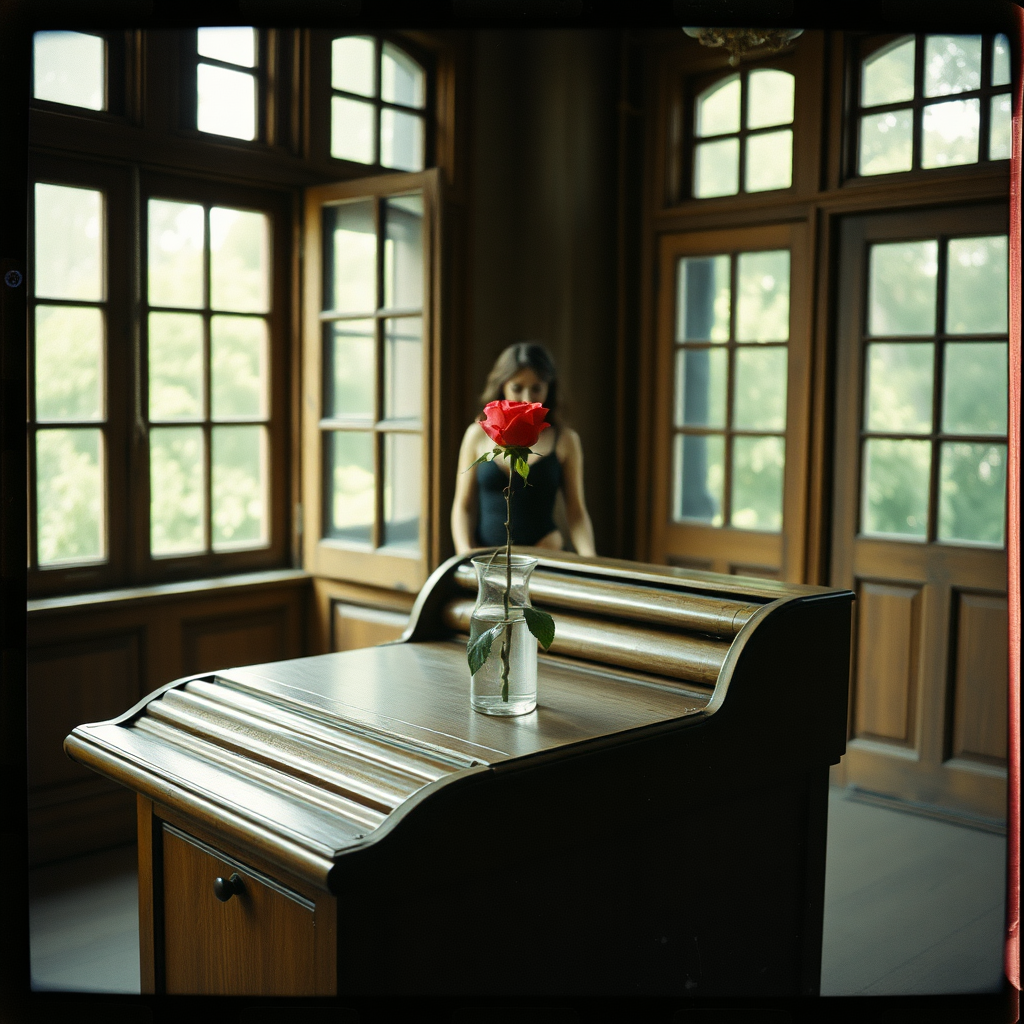 a scan of an old film photo with visible wear and fold marks and cracking with heavy vignetting and color tint and light leaks, depicting a rose sitting in a vase sitting on an old wooden roll top desk with a woman in black lingerie standing behind it in the middle of a photography studio with old wooden windows with multiple panes of glass showing greenery outside