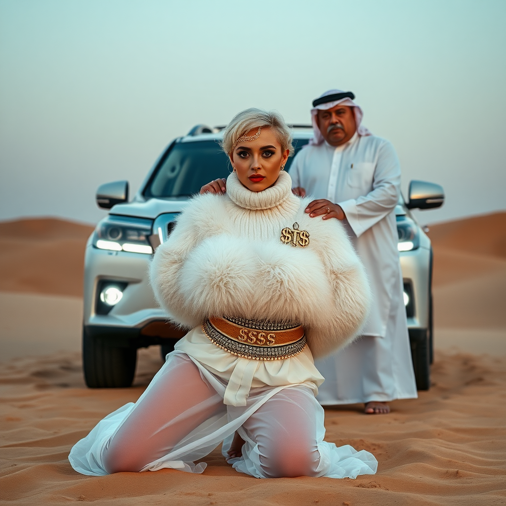 Kuwait desert dunes misty dawn, full-size luxury SUV: Melissa, European 17 years old very convincing femboy “trophy-bimbo”, tamed servile docile, very beautiful feminine flawless face, rather short, by hormones very curvaceous womanly figured, platinum blond short tight curls, bold red lips, heavily made-up face, wearing Supertanya-style fluffy very fuzzy bright white angora turtleneck-poncho cropped ending under bust decorated with pearls and gemstones, striking oriental wide gold bridal protection belt, white fully transparent harem pants, full Oriental bridal jewelry including headpiece, nose-ring, coin anklets, striking diamond “$$$” letter brooch on left chest, pout frustrated, hands tied behind back, kneeling in sand in front of SUV, looking at camera. Focus on face and turtleneck-poncho. Standing behind Melissa: older overweight tall proud sheik, approvingly patting Melissa.