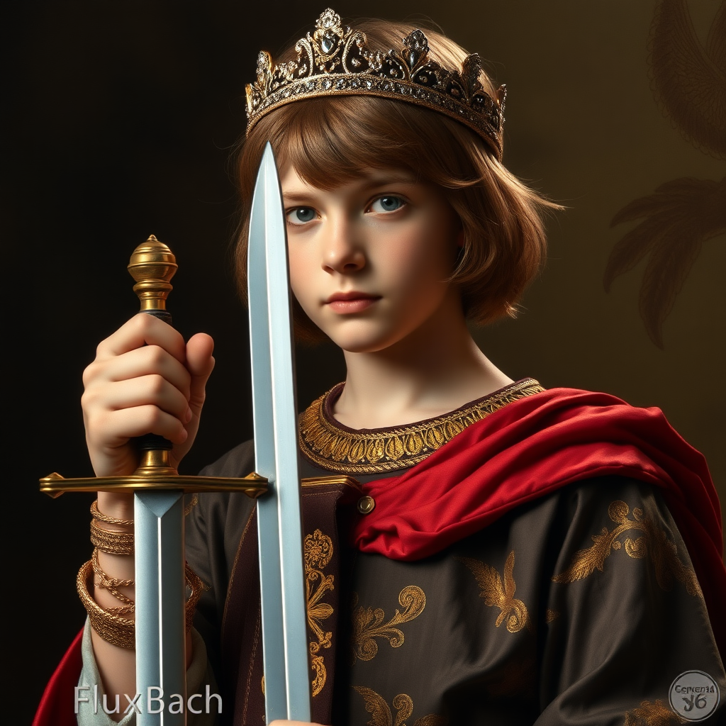 16yo teen boy prince holds his small sword in his right hand by the hilt, long bob cut, embroidered with gold and diamonds medieval cloths, diamond diadem, and Beautiful War, natural Skin Texture, visualization of embossed Skin using the play of light and shadow. Free style by 50% Adolphe William Bouguereau and 15% Sandro Botticelli and 35% Otto Lomüller, The background is in the style of landscape style by Antonio del Polaiolo. Studio lighting, professional lighting. Generating the signature at the bottom: FluxBach. ultra high resolution, 16K,