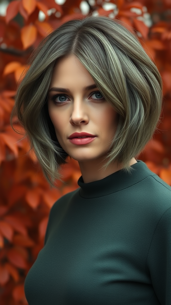 Kate Moss with Bouncy Bob hairstyle, pea green color, against a background of autumn chestnut foliage, in high definition.