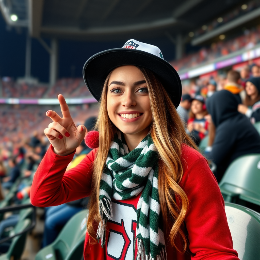 Attractive female NFL fangirl, stadium bleacher row, cheering